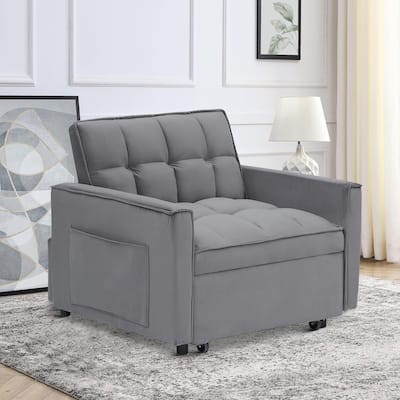 Classic Velvet Upholstered Convertible Futon Chair with Side Storage Pockets