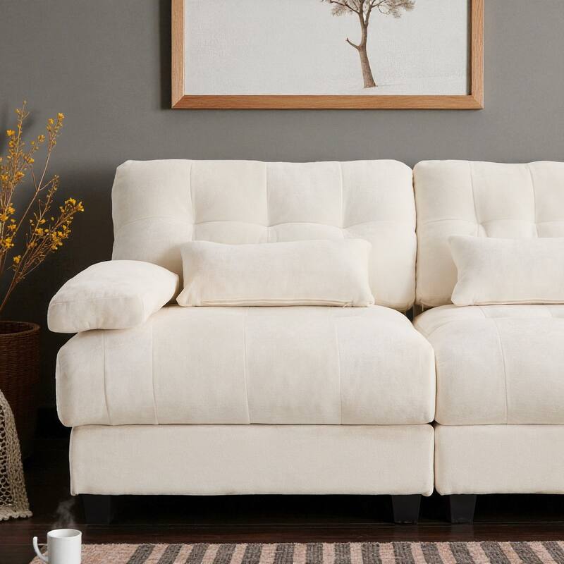 119" 4-Seater Chenille Sofa with 2 Ottomans, 4-Position Adjustable Backrest, 4 Pillows and Easy Assembly for Living Room