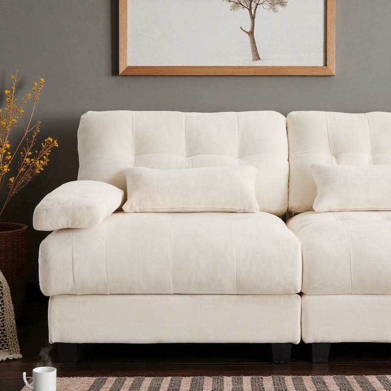 93" 3+1 Seater Sofa with Ottoman, Adjustable 4-Position Backrest, Soft Chenille Upholstery and 3 Pillows for Living Room