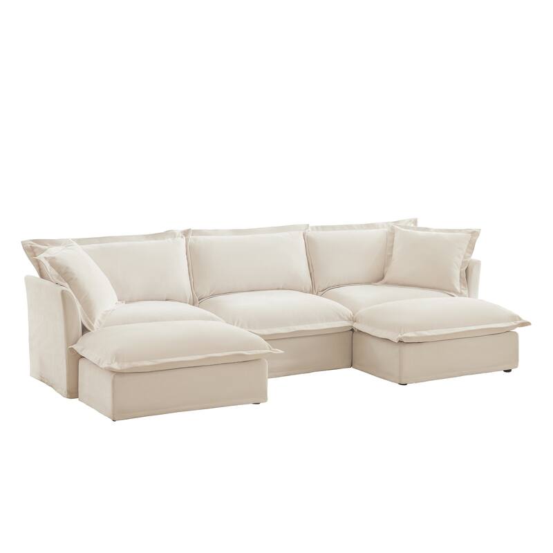 Modern 3 Seater Upholstered Sofa with 2 Ottomans and 2 Pillows - Cream,Chenille
