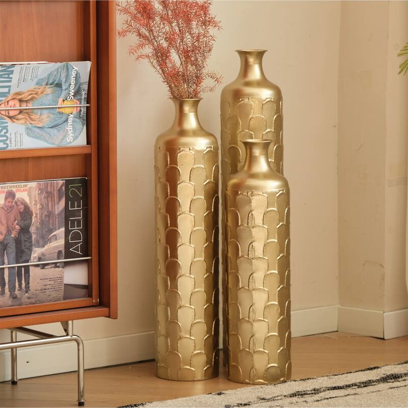 Decorated Floor Glazed Metal Vases (Set of 3)
