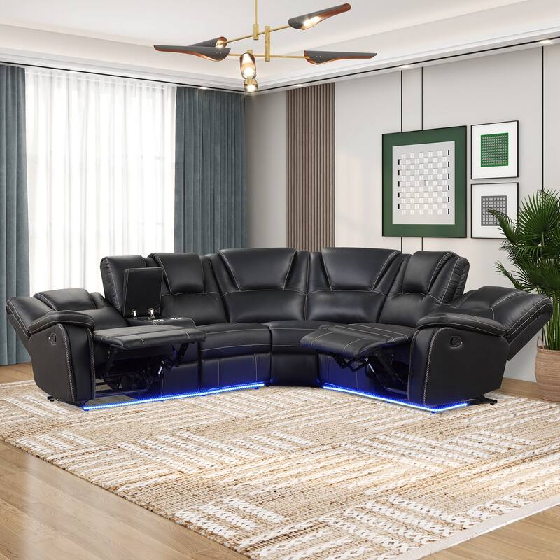 Modern Faux Leather Manual Reclining with LED Light Strip with 2 Cup Holders