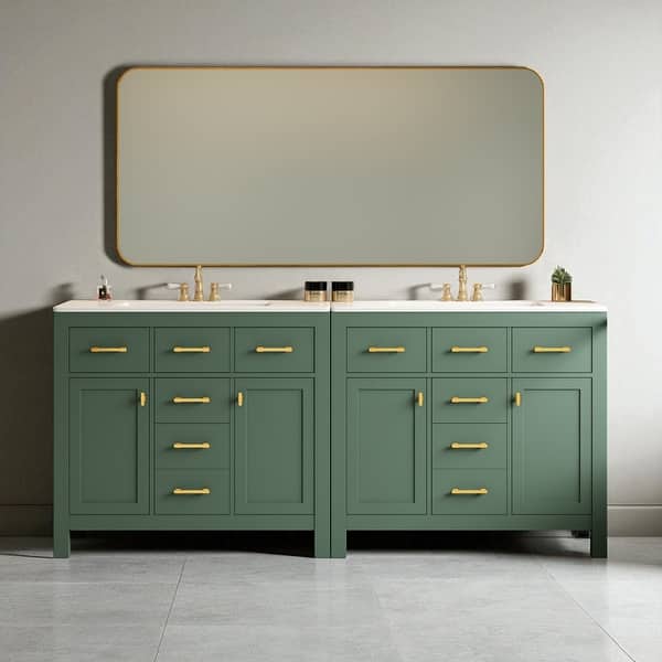slide 2 of 9, 72" Bathroom Vanity with Ceramic Sink, Freestanding Double Cabinet with 8 Drawers, Solid Wood Frame & Storage Green