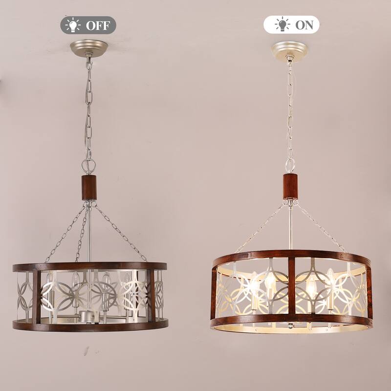 Cusp Barn 4-Light Rustic Wood Chandelier Shabby Hanging Lamp Farmhouse Drum Pendant Light Fixtures for Entryway