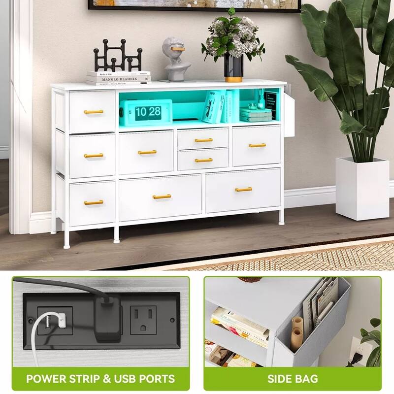 55'' TV Stand Fabric Dresser with 9 Drawers with Power Outlet - 50 inches