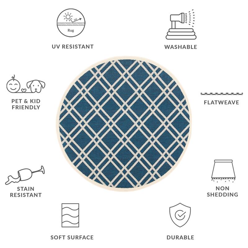 SAFAVIEH Courtyard Lisaveta Indoor /Outdoor Waterproof Patio Backyard Rug - 5'3" Round - Navy/Beige