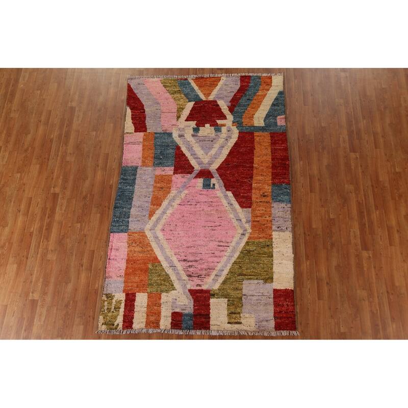 Hand Knotted Oriental 100% Wool Carpet Modern Geometric Multi-Colored Moroccan Area Rug - 8' 7'' X 5' 6''