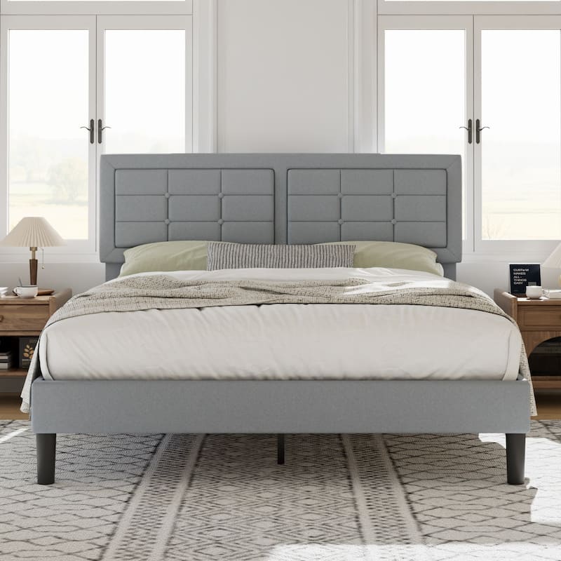 VECELO Bed Frame with Adjustable Headboard Upholstered Button Tufted Platform Bedframe with Wood Slats Support - Light Grey - Full