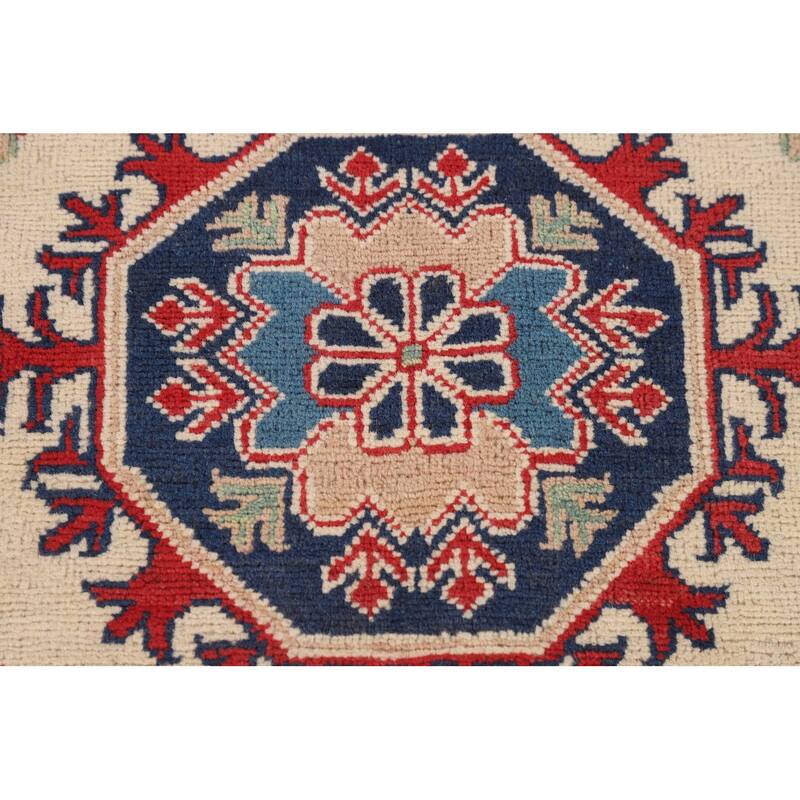 Geometric Ivory Kazak Accent Rug Hand-Knotted Wool Carpet - 3'11" x 5'11"