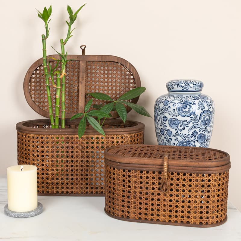 Decorative Woven Rattan Storage Boxes - 15.3"L x 10.3"W x 8.3"H