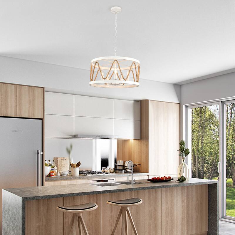 5-Light Hemp Rope Candlestick Hanging Linear Chandelier Lighting with Cloth Cover for Kitchen Island