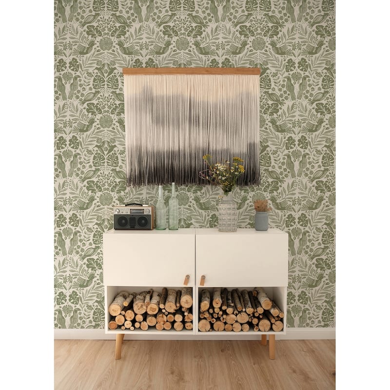 A-Street Prints Nestle Green Bird Block Print Wallpaper