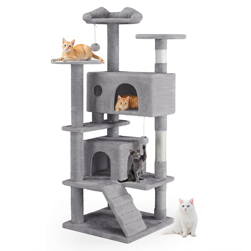 Cat Tree Tower with Scratching Posts and Cond,Multi-Level Kitty Climber for Indoor Cats - Light Grey
