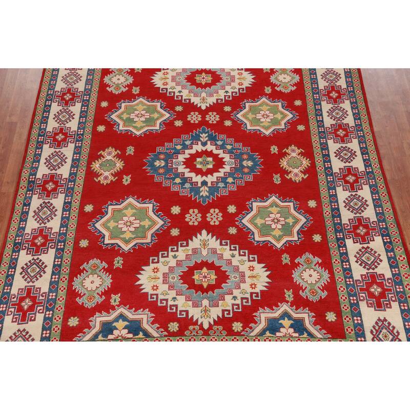 Hand Knotted Oriental 100% Wool Carpet Traditional Geometric Red Kazak Area Rug - 11' 0'' X 8' 2''