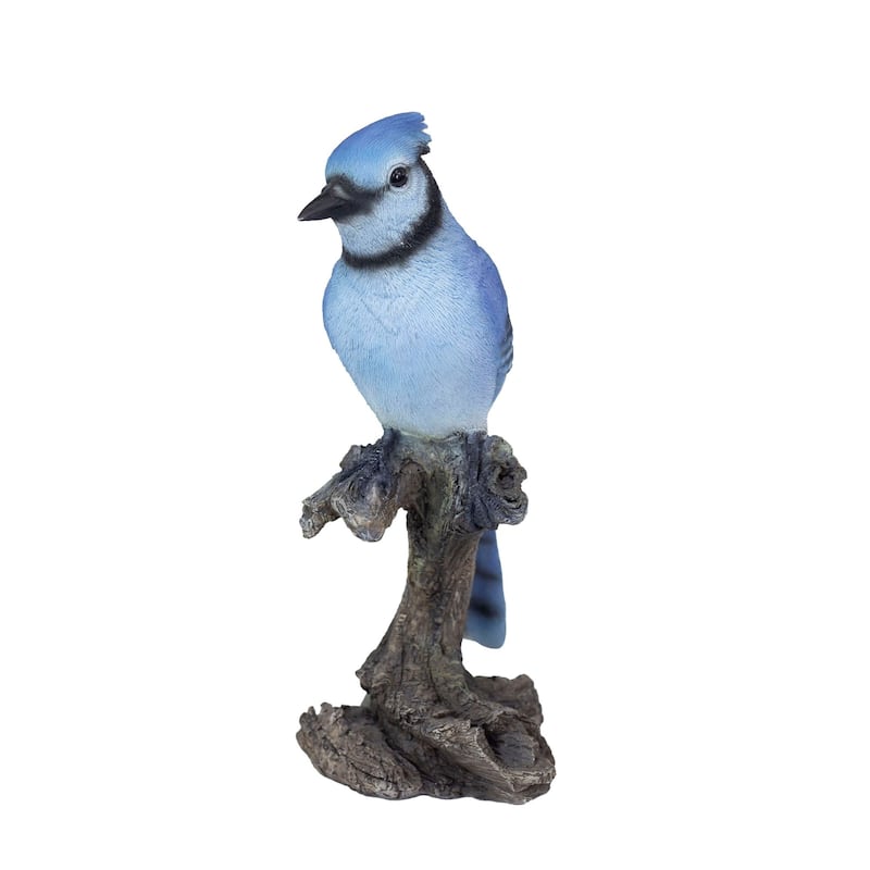 Blue Jay Perched on Stump Outdoor Garden Statue - 9"