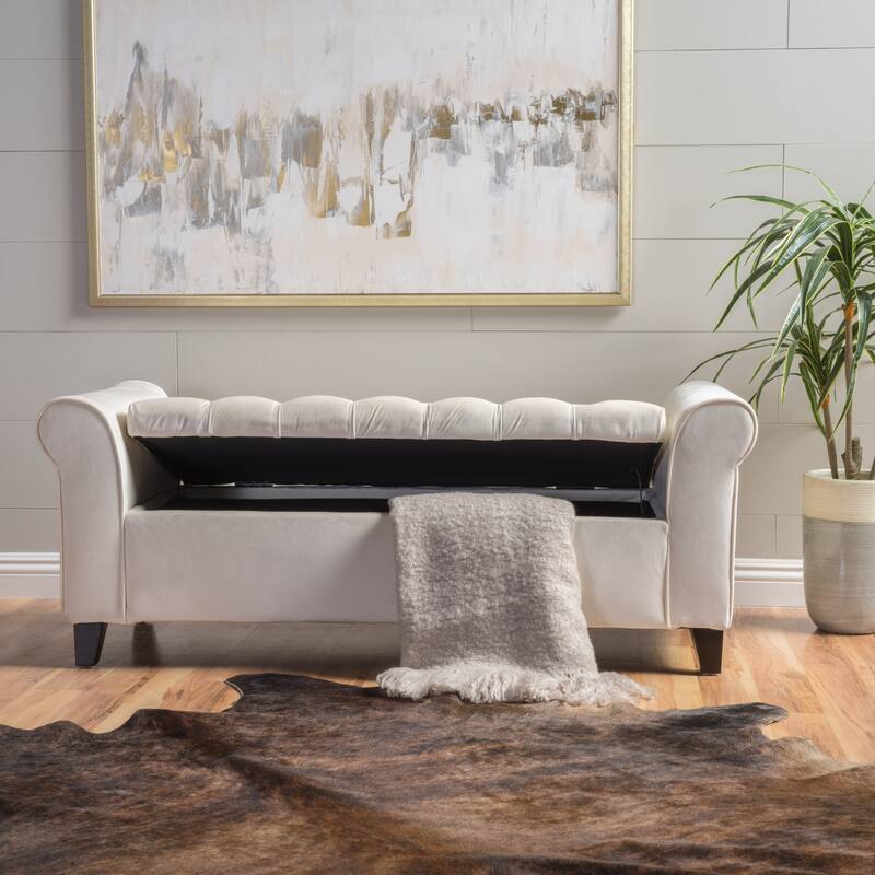 Roomfitters Upholstered Storage Bench with Tufted Design and Wooden Legs, Multi-functional End of Bed Bench