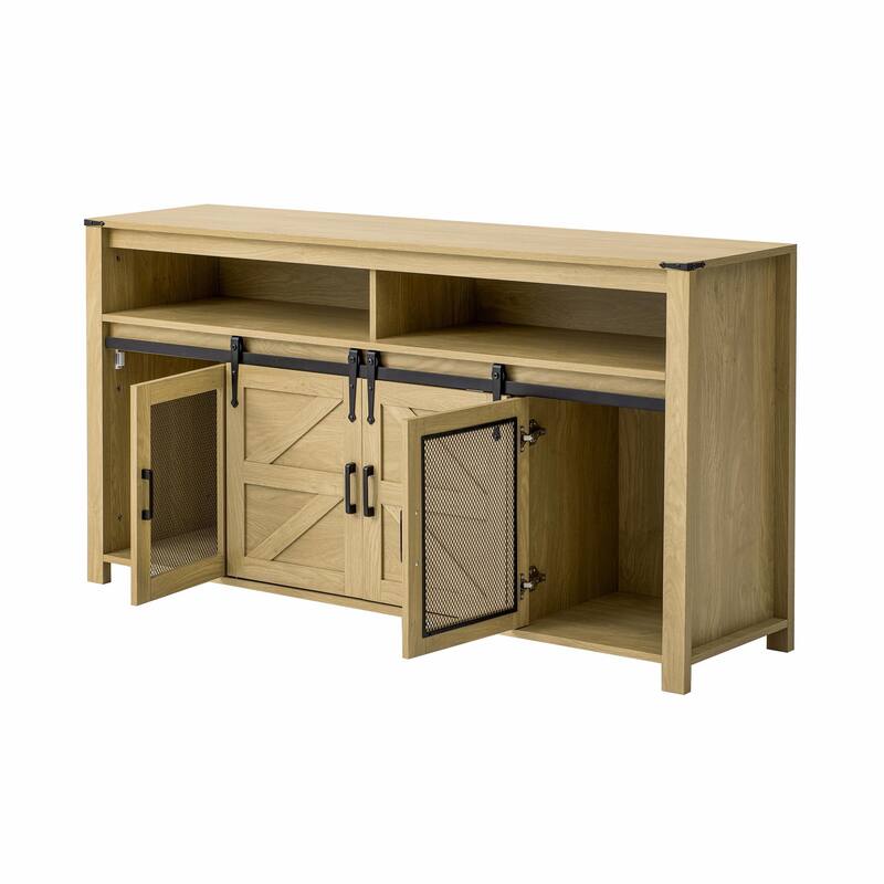 59.3'' Sideboard with Sliding Barn Door and Mesh Panels, Farmhouse Buffet with Open Storage