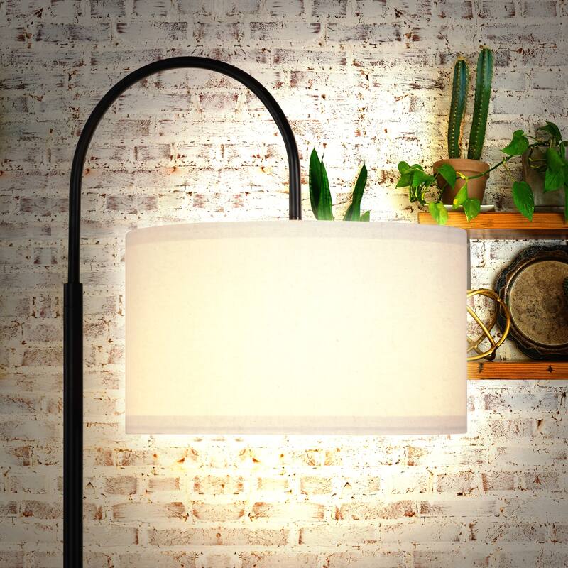 Brightech Nora 68 in. Classic Black Mid-Century Modern Height Adjustable LED Floor Lamp with White Fabric Drum Shade