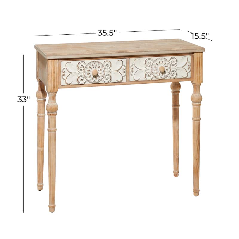 Wood Floral Intricately Carved 2 Drawer Console Table - Brown - Roche River Decor - 16"W x 36"L x 33"H