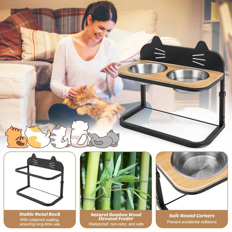 Elevated Pet Feeder with 2 Stainless Steel Bowls for Cats and Small and Medium Dogs - 17" x 8.5" x 13"-15"