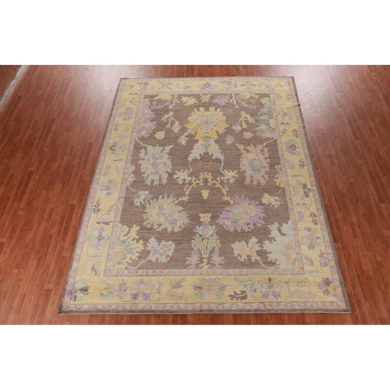 Hand Knotted Oriental 100% Wool Carpet Transitional All-Over Brown Oushak Area Rug - 11' 11'' X 9' 1''