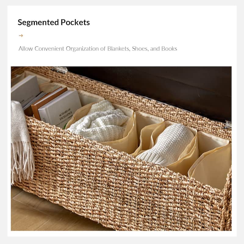 Bab Boho Farmhouse Ratten Storage Bench with Hollow-Carved Designs by HULALA HOME