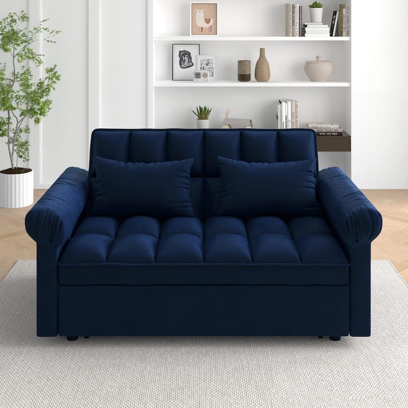 Flannel Sleeper Sofa Bed Loveseat Recliners Couch with Pull-Out Trundle, Adjustable Backrest, Round Arms and Side Pockets