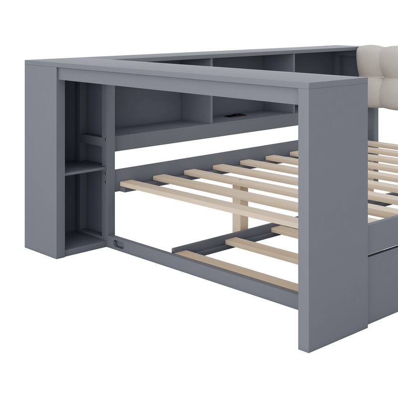 Upholstered Sofa Bed, Wood Daybed, L-shaped Bed Frame with Desk, Shelves, Charging Station, and Optional with Trundle or Drawers