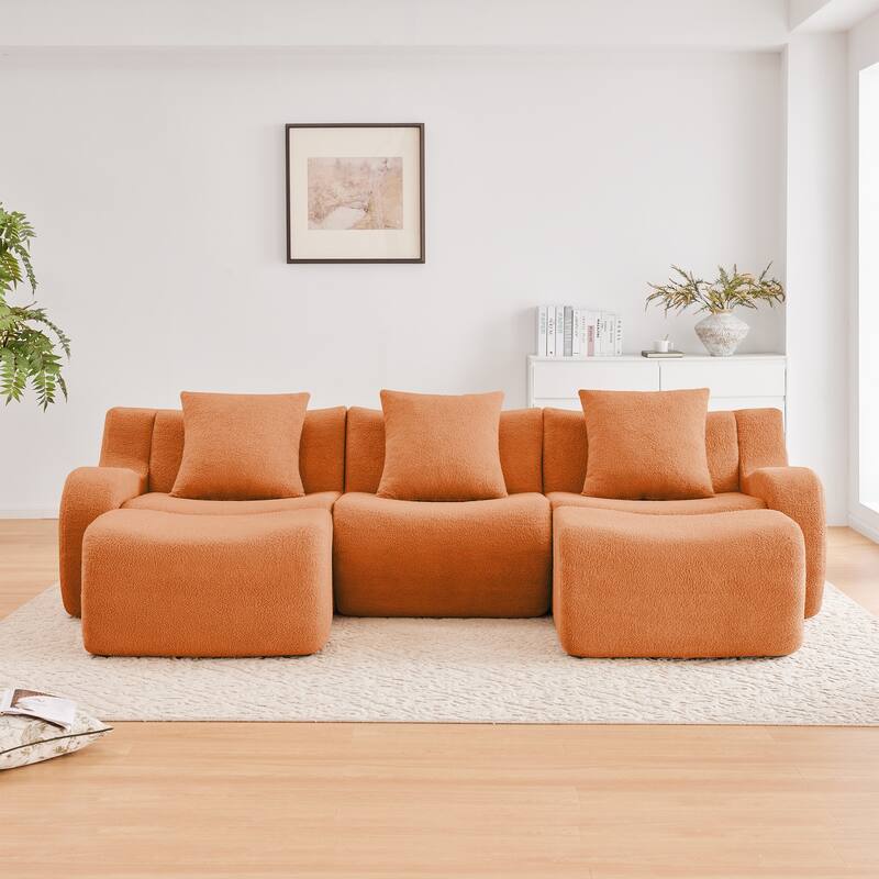 Sectional Couches for Living Room U-Shaped Boneless Couch, 3-Seat Sofa with Movable Ottoman, Floor Modular Teddy Fabric Sofa