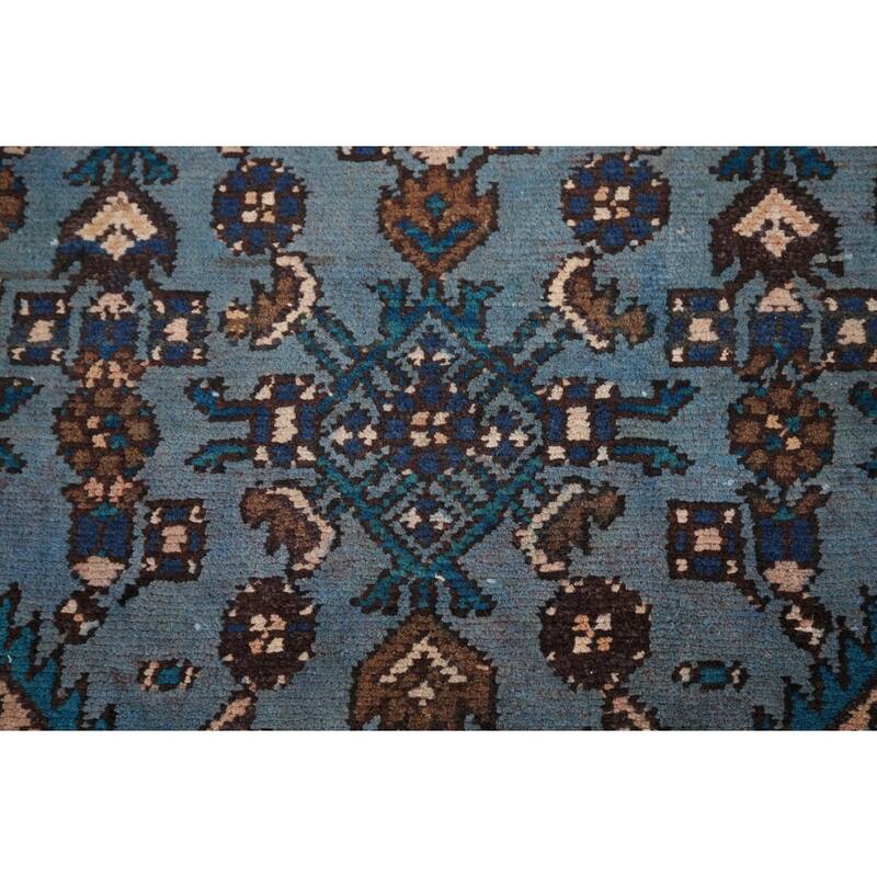 Blue Hamedan Persian Vintage Runner Rug Hand-Knotted Wool Carpet - 3'4" x 9'2"