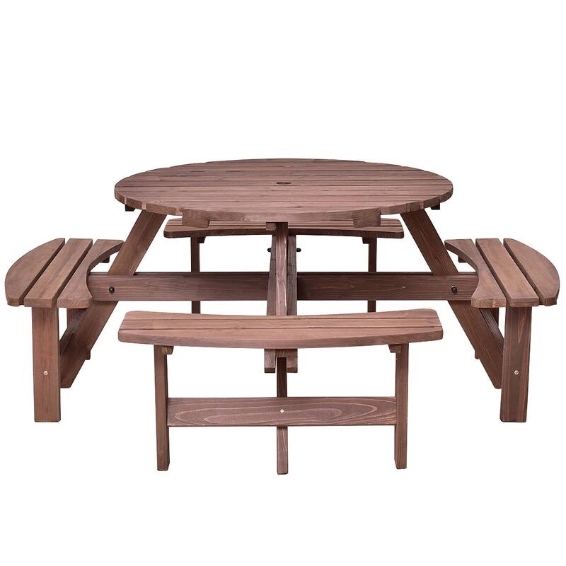 Costway Patio 8 Seat Wood PicnicTable Beer Dining Seat Bench Set Pub