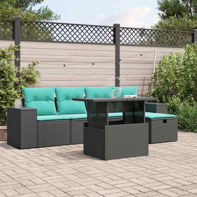 vidaXL Patio Sofa Set with Cushions Sectional Couches 6 Piece Poly Rattan - 21.7 x 24.4 x 27.2 - Black