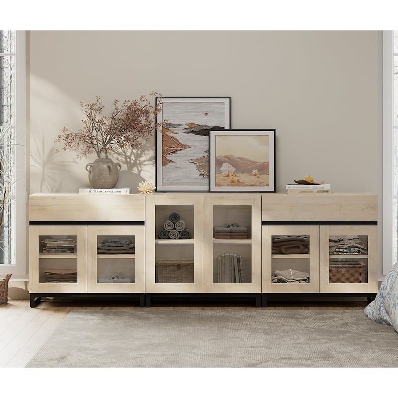 WAMPAT Dresser with Glass Doors, 3 in 1 Modern Chest of Drawers with Adjustable Shelves and 2 Drawers for Bedroom - Beige - 2-drawer