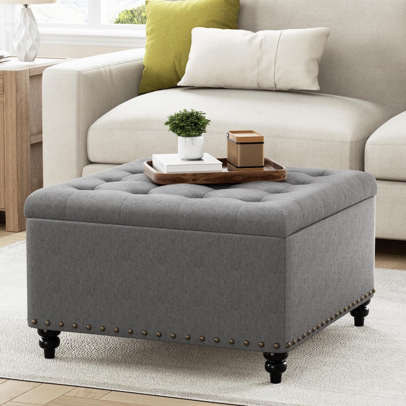 Large Square Storage Ottoman for Living Room - Grey