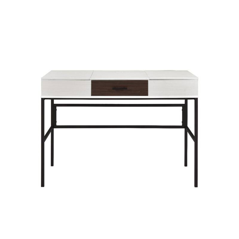Writing Desk with 2 Hinged Top Storage Compartments, White and Black
