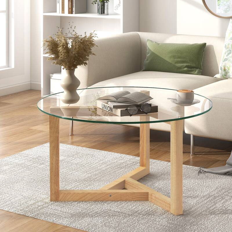 Coffee Table Modern Cocktail Table Easy Assembly with Tempered Glass Top & Sturdy Wood Base, Natural (OLD SKU: WF190112AAL) - Natural
