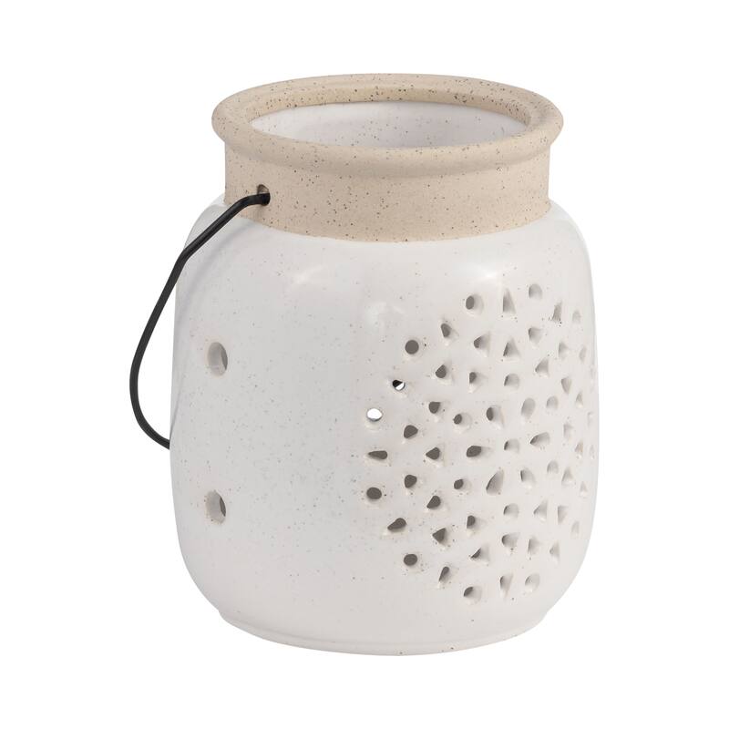 Ceramic Cylinder Flower Cut-Out Lantern - Ivory, 6 in.