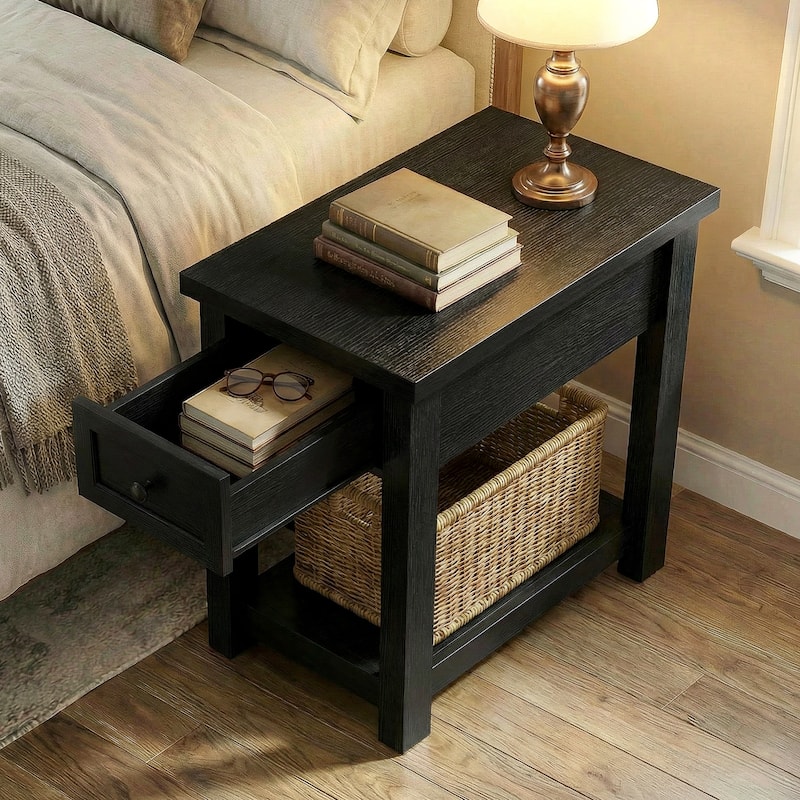 Farmhouse End Table with Wood Drawers and Charging Station, Sofa Side Table, Nightstand