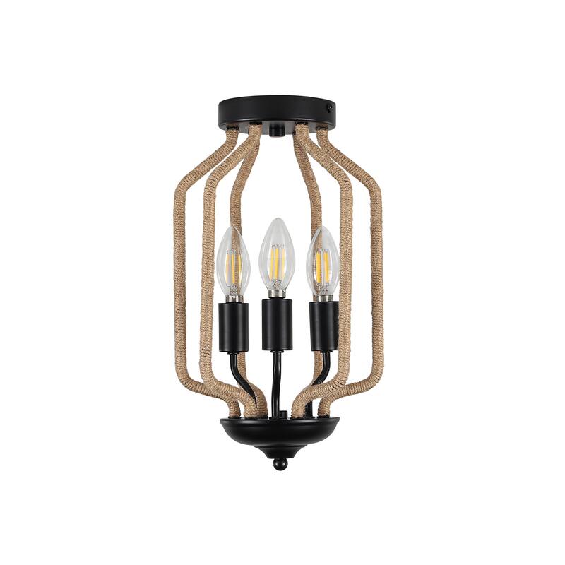 Rustic 3 - Light E12 Flush Mount Ceiling Light, Black Metal & Hemp Rope Cage Fixture - Matte Black