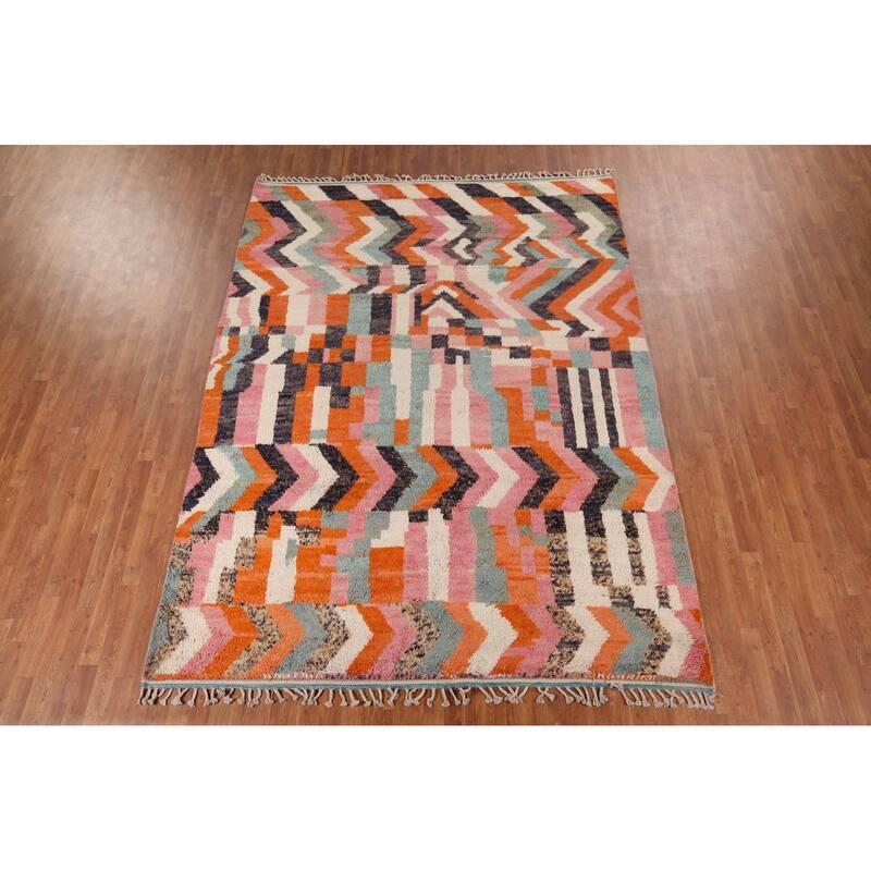 Multicolor Plush Moroccan Area Rug Handmade Geometric Wool Carpet - 7'10" x 10'7"