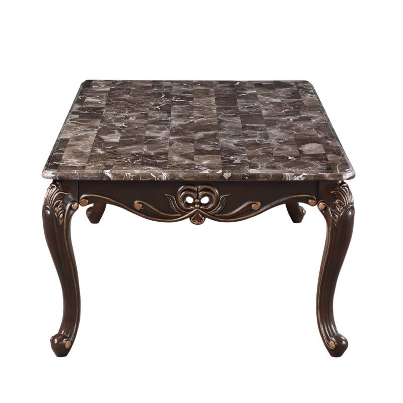 Cona 54 Inch Cocktail Coffee Table, Carved Gold Accent, Cherry Brown, Gray