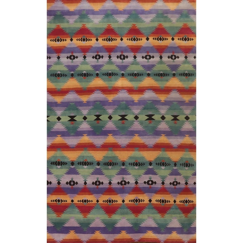 Hand-knotted Tribal Wool Purples Geometric Oriental Area Rug - 9' 2'' X 5' 10''