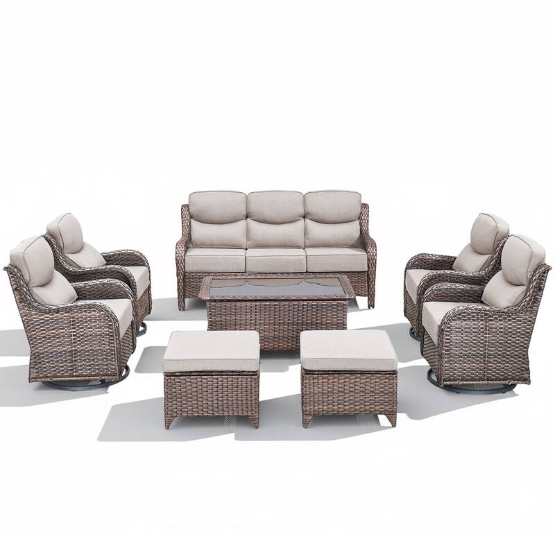 Arcadia 8-Piece Wicker Patio Conversation Set with Swivel Gliders and 6-Inch Thick Olefin Cushions