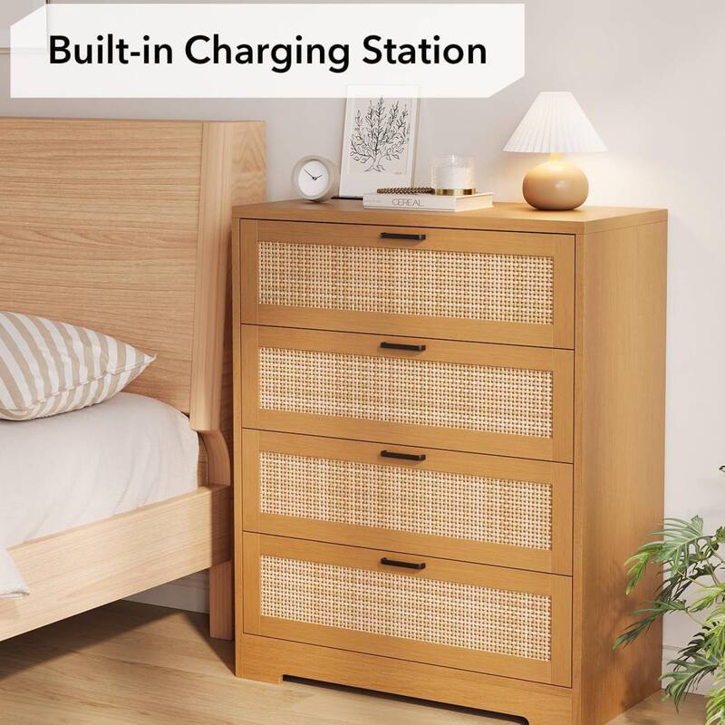 4 Drawers Rattan Dresser, Storage Chest of Drawer for Bedroom, Living Room, Entryway, Hallway