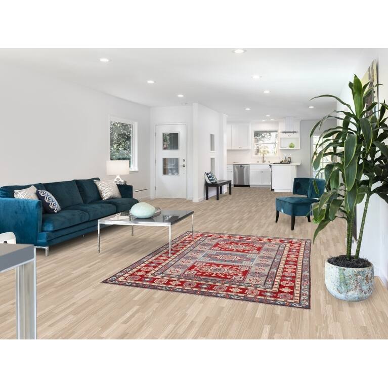 Kazak Oriental Area Rug Hand-Knotted Traditional Grey Wool Carpet - 5'0" x 6'7"