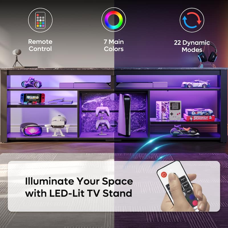 Bestier Tall LED TV Stand for TV, Modern Marble Entertainment Center with Storage for PS5, Gaming Console for Gaming Room
