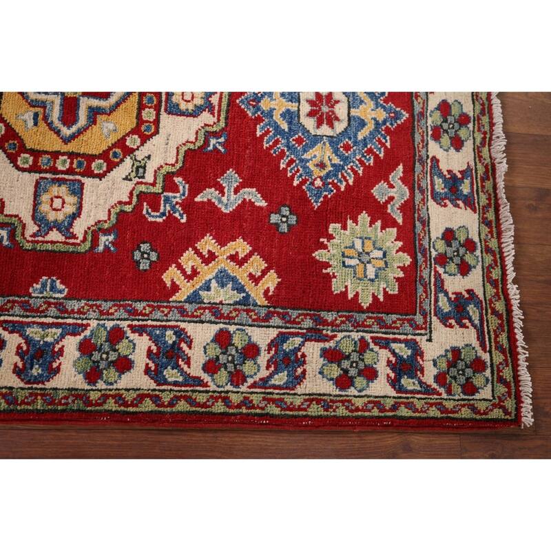 Red Geometric Kazak Pakistan Accent Rug Handmade Wool Carpet - 2'9" x 3'9"
