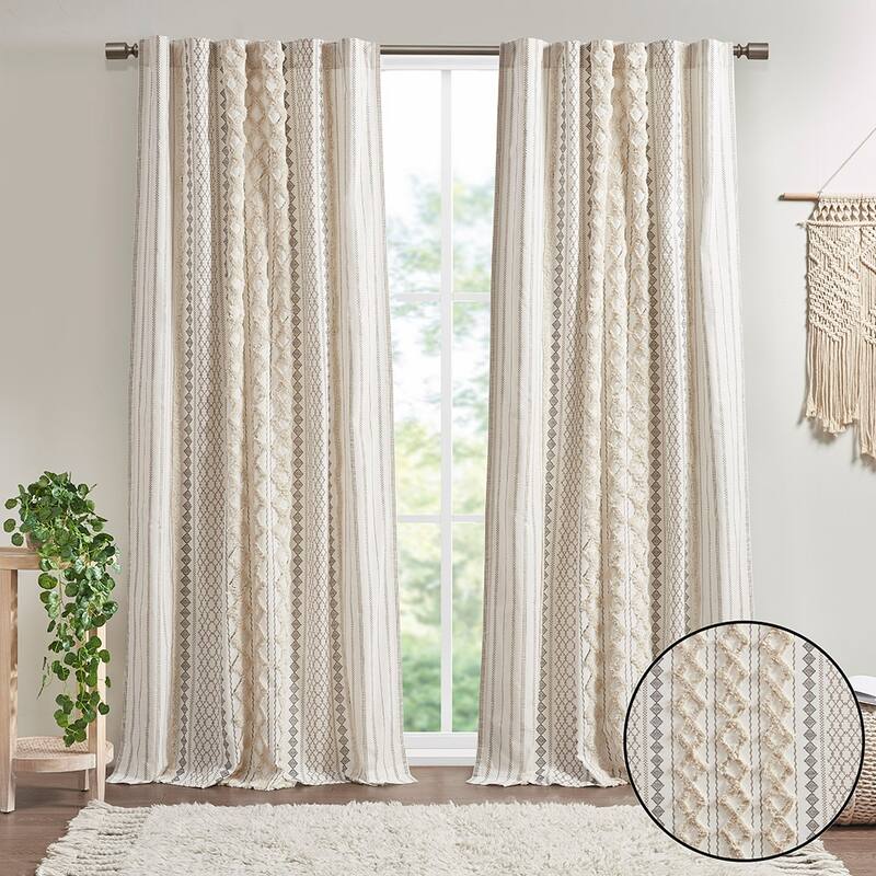 1PC Cotton Printed Curtain Panel with Chenille Stripe and Lining
