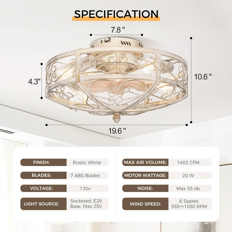 20 Inch Indoor White and Gold Low Profile Cage Ceiling Fan with Light - 20 Inches