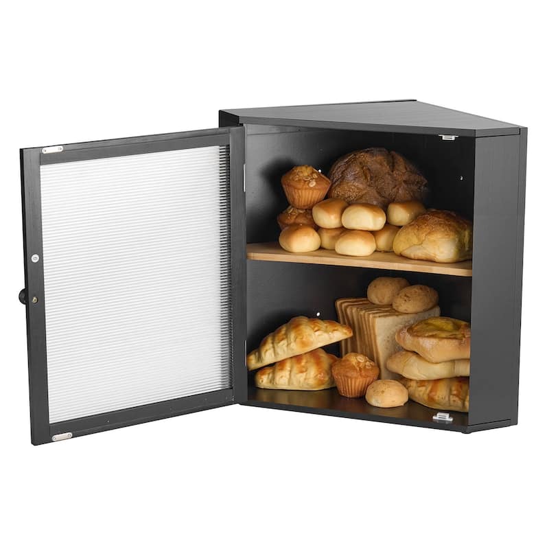Black Wicker Wood Corner Bread Box with Double Layer Adjustable Shelves and Acrylic Door - 12.60” x 12.60” x 16.73”